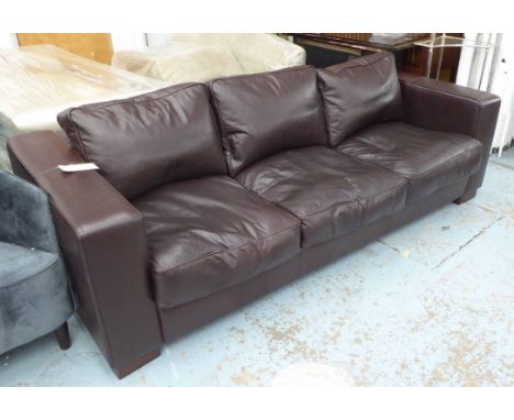 HEALS SOFA, three seater, burnt umber leather, on block supports, 240cm L.