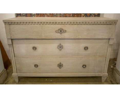 COMMODE, 19th century Gustavian style, traditionally grey painted with three long drawers, 125cm W x 50cm D x 85cm H.