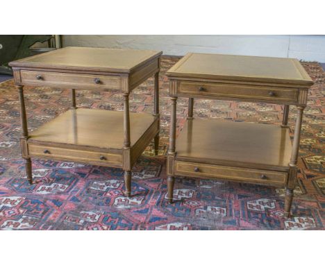 LAMP TABLES, a pair, two tier George III design, mahogany and boxwood inlaid, each with two drawers and leather tops, 50cm W 