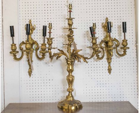 CANDELABRAUM LAMP, Louis XV style gilt metal of four branches, 62cm H x 36cm and  a pair of Louis XVI style gilt metal wall l