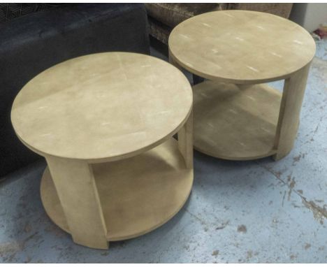 JULIAN CHICHESTER LAMP TABLES, a pair, circular velum coloured simulated shagreen with two tiers, 46cm H x 60cm D. (2)