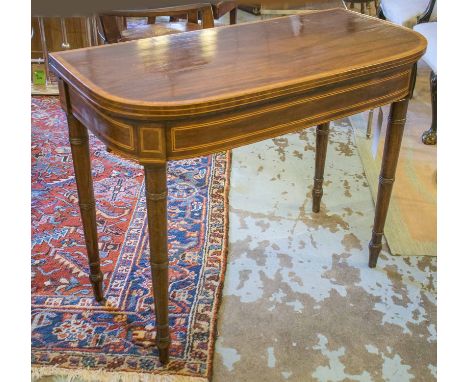 CARD TABLE, George III mahogany boxwood strung and tulipwood crossbanded with foldover baize lined top of D outline, 92cm x 4