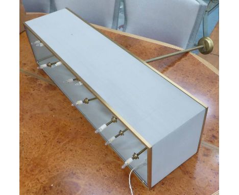CEILING LIGHT, rectangular brass and silk, 121cm x 31cm x 106cm H including rod.