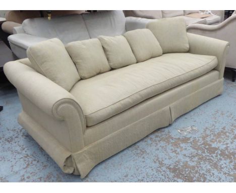 NINA CAMPBELL SOFA, three seater with rollover arms and grey chenille cotton upholstery and smaller cushions, 210cm W.