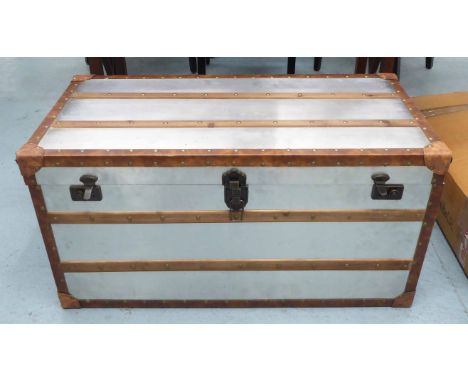 AVIATOR STYLE TRUNK, aluminium with leather banding, 101cm W x 51cm D x 51cm H.
