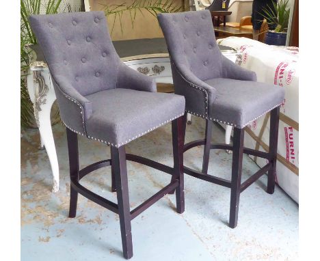BAR STOOLS, a set of four, contemporary with door knocker detail, 110cm H.