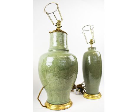 CELADON GREEN CERAMIC VASE TABLE LAMPS, 46cm H and 39cm H.