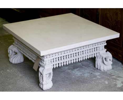 LOW TABLE, vintage square limestone raised upon Indian painted carved and pierced support, 88cm X 73cm x 42cm H.