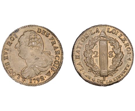 France, Louis XVI (1774-1793), 2 Sols, 1792w (pellet below w), Arras, 24.48g/6h (Dup. 1722; Gad. 25). Extremely fine, very ra