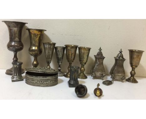 SILVER. Collection of 14 variously sized silver items, to include wine goblets, cruet sets, trinket box.