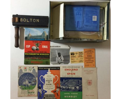 SPORTING MEMORABILIA. Collection of sporting memorabilia to include: original Bolton football rattle, Football/Cricket ticket