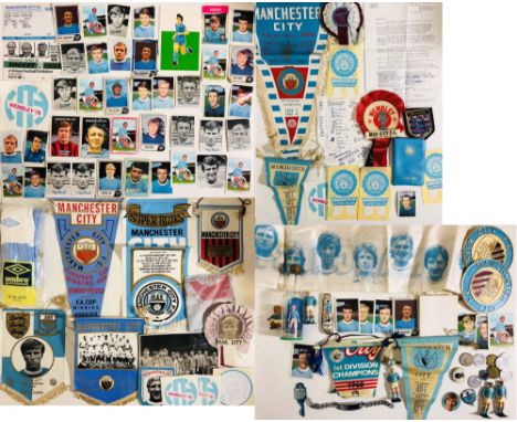 MANCHESTER CITY. Manchester City ephemera to include: vintage pair of Umbro city socks, a quantity of pennants, flags and sca