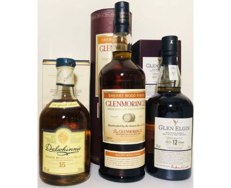 SINGLE MALT WHISKY - GLENMORANGIE SHERRY WOOD, GLEN ELGIN &amp; DALWHINNIE. A 1 litre cased bottle of Glenmorangie Sherry Woo