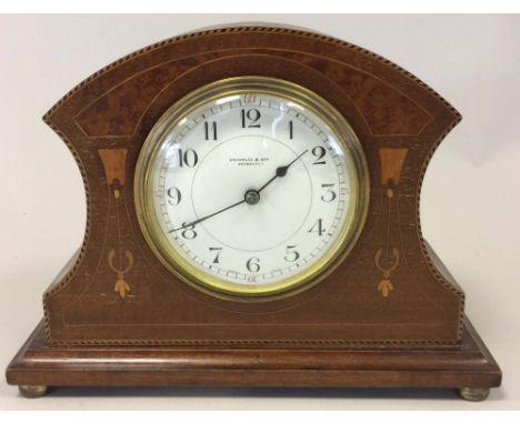 EDWARDIAN MANTLE CLOCK. A Brownlee &amp; Son, Edinburgh inlaid mantle clock with French drum movement. Measures approx 22 cm 