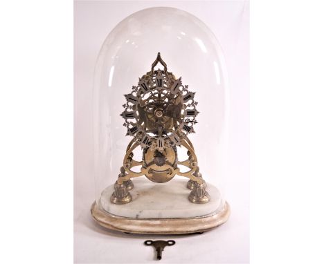 A skeleton clock, under glass dome of 'C' and 'S' scroll design with Roman dial, raised on a marble base, 36cm high