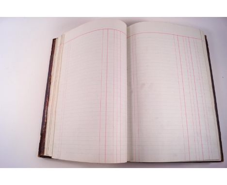 An 1860's  Ledger book with leather spine and corners to maroon boards, apparently unused, with marbling inside and to the ed
