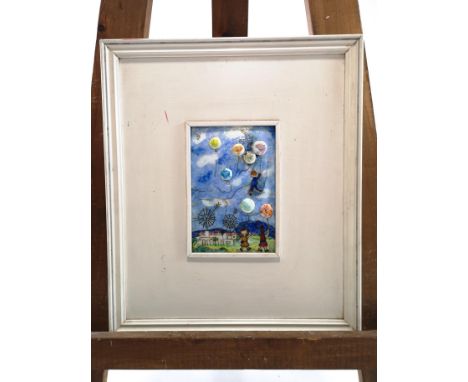 A 20th Century enamel picture of children and balloons, 18cm x 12cm 