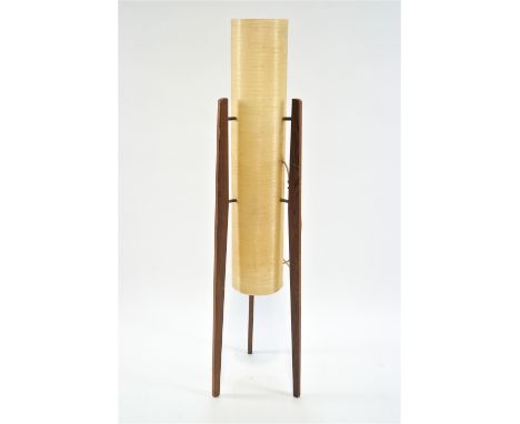A teak three leg floor light with fibre glass shade, 111 cm high