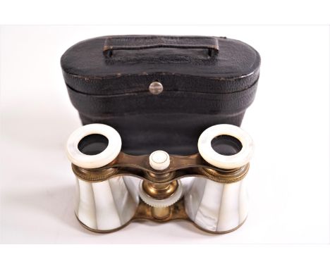 A pair of 19th century mother of pearl opera glasses, in original case, 7cm high