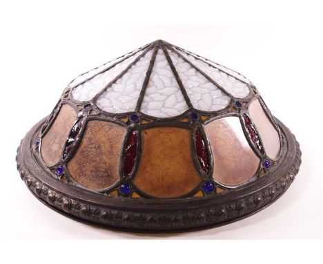 An early 20th century Art nouveau style ceiling light with stained glass and lead panels, 43cm diameter
