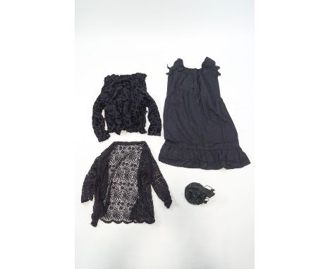 A Devoree blouse and other items to include a lace jacket, drawstring bag and a black silk fringe edged shawl  