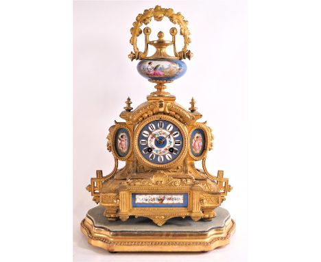 A 19th century French gilt metal and Sevres style porcelain panel mantel clock, the movement with count wheel strike, strikin