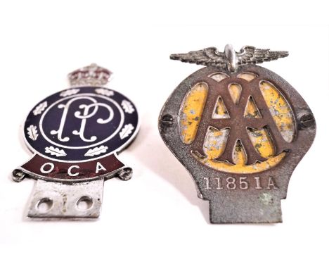 A Palestinian Police chrome and enamel car badge, 13cm long with an AA badge, an Ampere meter and a Lucas inspection lamp