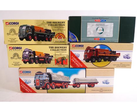 Five Corgi classics : two delivery trucks No 09801 and 12401, an eight wheeled dropside and two other brewery trucks