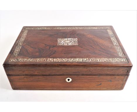 A Victorian rosewood writing slope, inlaid with mother of pearl, and white metal stringing 10.5cm high x 35.5cm wide x 22.5cm