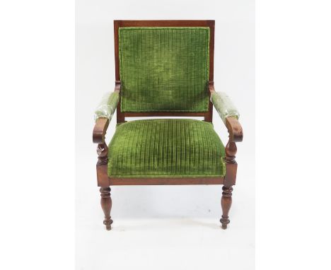 A Victorian mahogany framed armchair, upholstered in green velvet, 100cm high, 71cm wide, 66cm deep