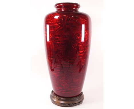 A cloisonne pigeon blood enamel vase, on stand, 48cm high