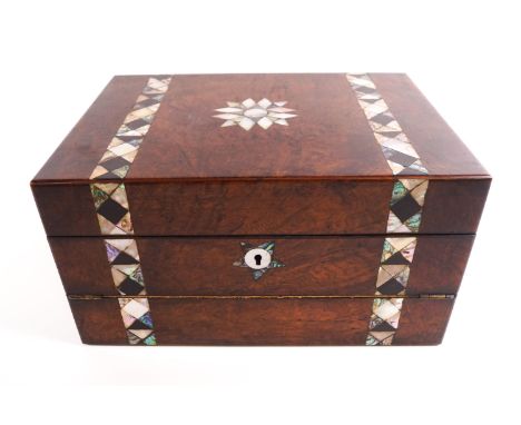 A walnut coromandel wood combination work box and writing slope, decorated with bands of pearl and abalone shell, chequered b