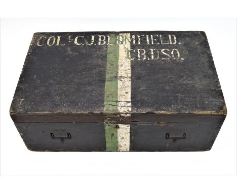 A First World War metal bound pine military trunk with side catches and handles and a main lock lettered Col C J Blomfield CB