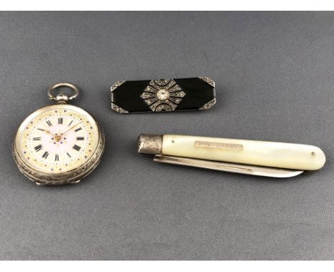 A collection of items to include: An open face floral dial pocket watch, stamped 0.935; A mother of pearl and white metal pen