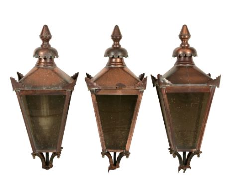 A set of three Victorian copper, glazed and iron mounted pier lanterns  A set of three Victorian copper, glazed and iron moun