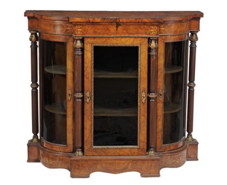 A Victorian burr walnut glazed side cabinet, circa 1880  A Victorian burr walnut glazed side cabinet,   circa 1880, with bow 