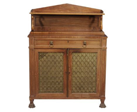 A late Regency mahogany chiffonier , circa 1820  A late Regency mahogany chiffonier  , circa 1820, the superstructure with ar