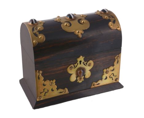 A Victorian coromandel, brass and cabochon hardstone mounted tea caddy  A Victorian coromandel, brass and cabochon hardstone 