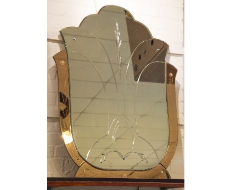 ART DECO WALL MIRROR, early 20th century arched bevelled and etched with marginal peach plates, 109cm H x 83cm.