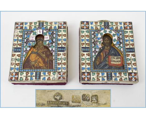 RUSSIAN TRAVELLING ICONS, a companion pair, each with hallmarked silver and coloured enamel oklads in the 'Old Believer' styl