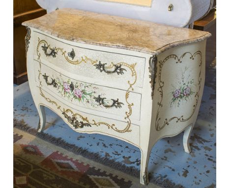 SERPENTINE COMMODE, with marble top and three long drawers, 122cm x 60cm x 88cm H (en suite with lots 654 and 655).