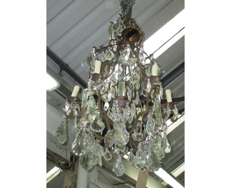 CHANDELIER, Louis XV style with six branches in frame with glass drops, 100cm H plus chain.