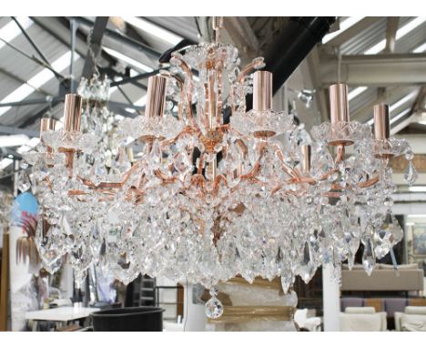 CHANDELIER, twelve branch, in coppered finish with glass drops, 50cm H plus chain.