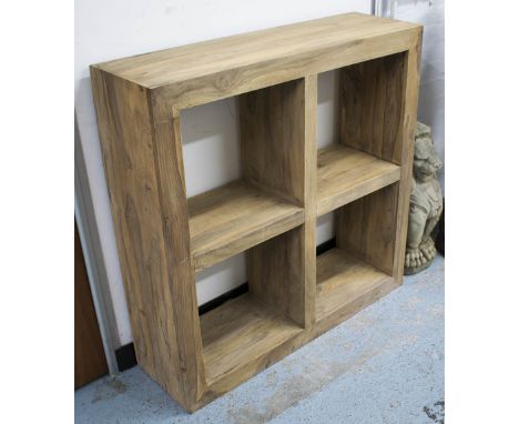 DISPLAY/SHELVES, vintage teak square with four compartments, 100cm x 100cm H x 30cm.