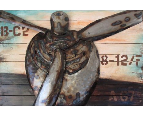 21ST CENTURY DECORATIVE WOODEN PANEL, of an aircraft engine, 75cm x 100cm.