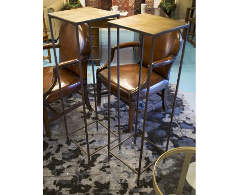 TALL STANDS, a pair, ebonised metal framed with a square bronze top, 35cm square x 120cm H. (2)