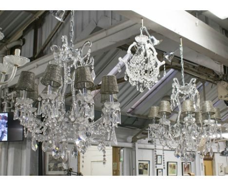 CHANDELIERS, a trio, two eight branches Venetian style with glass drops with shades 65cm H plus chain plus another with three