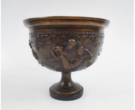 BRONZE KRATER AFTER ARRETINE POTTERY, Arezzo depicting lovers,14.5cm H.