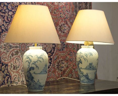 LAMP BASES, a pair, blue and white ceramic vase shape Chinese Export style decoration with pleated shades, 37cm H. (2)
