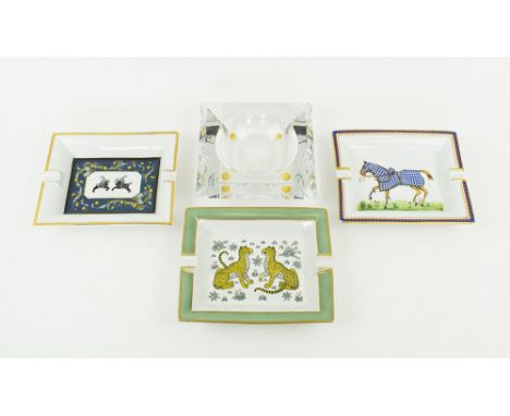 HERMES ASHTRAYS, three ceramic examples, 19cm x 16cm (two with small chips); and a Baccarat ashtray (with faults) original bo